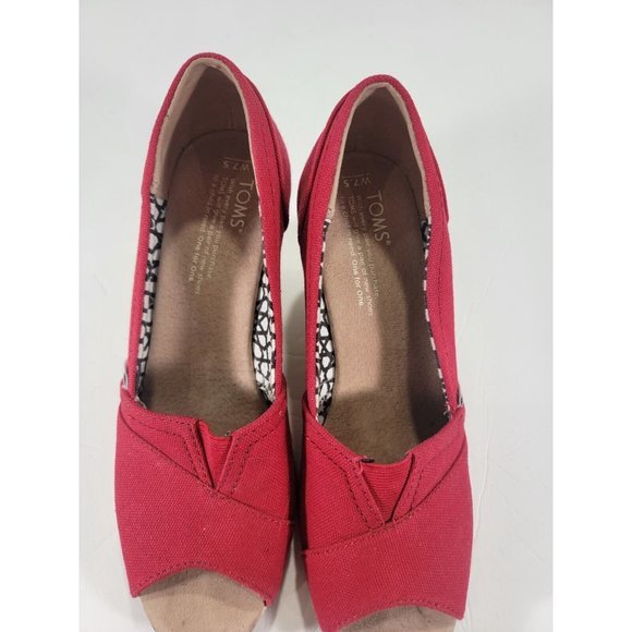 Toms Womens Wedges Size 7.5 Red Classic Canvas Espadrille Slip On Peep Toe - Picture 7 of 7